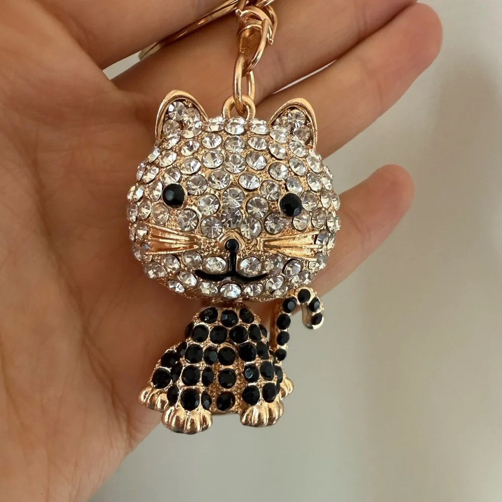 Gold and Clear Crystal Cat Keychain